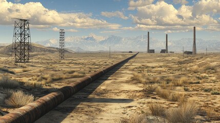 Industrial pipeline stretching through a desolate landscape.