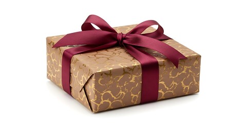 Obraz premium Elegantly wrapped gift box boasts rich maroon ribbon against subtly patterned kraft paper. AI Generated