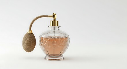 Elegant glass perfume atomizer sits bathed in soft light against a bright white background. AI Generated