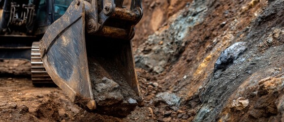 Excavator bucket digging into the earth at a construction site, closeup of heavy machinery in action for infrastructure development and earthmoving