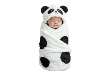 PNG Sleeping asian baby in panda costume wrapped in cozy blanket