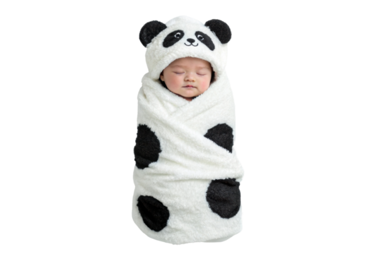 PNG Sleeping asian baby in panda costume wrapped in cozy blanket