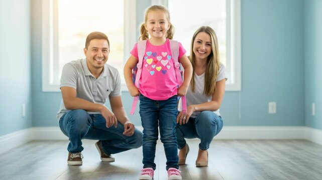 Family smiling with young girl wearing backpack in front of window in a bright blue room
