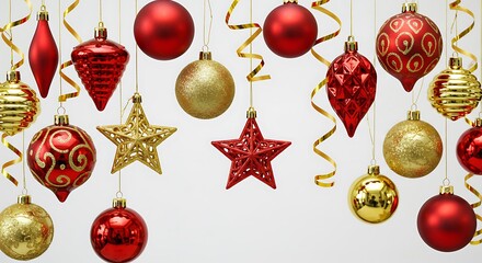 Red gold Christmas ornaments dangle playfully against bright white background. AI Generated