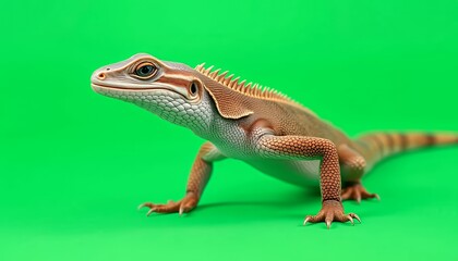 Detailed Close Up of Brown Lizard Isolated on a Vivid Green Screen Background Ready for Visual Effects