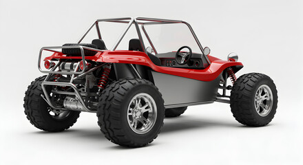 Naklejka premium Red Silver Buggy Car with Thick Patterned Tires and Metal Frame on a White Background