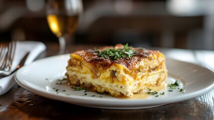 Delicious lasagna dish on a plate with wine, gourmet italian food photography and recipe inspiration ideas