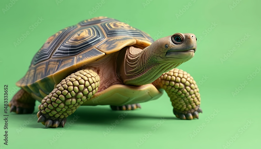 Poster Detailed Tortoise With Patterned Shell Isolated On Green Screen Background
