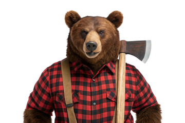 PNG Bear wearing plaid shirt holding axe on black background