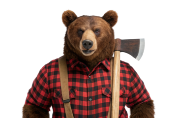 PNG Bear wearing plaid shirt holding axe on black background