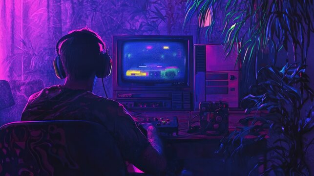 Retro gamer immersed in neon-lit virtual world.