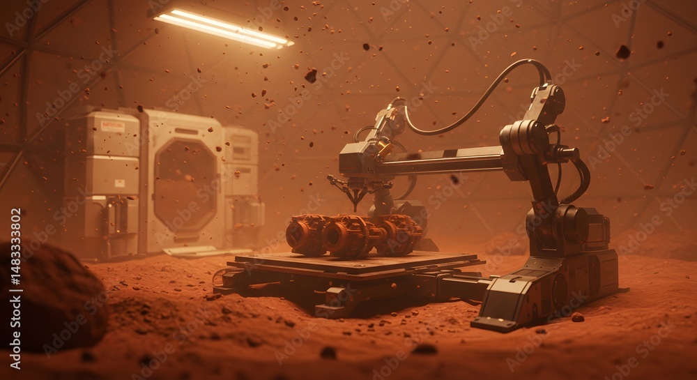 Aufkleber a robotic arm working on objects in a dusty environment with a machine nearby it