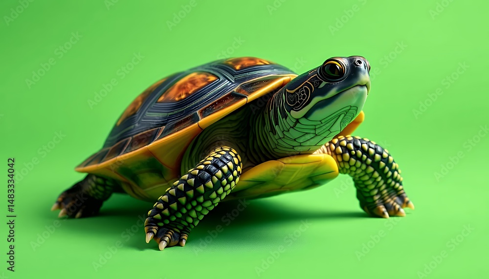 Poster eye level close up of a multi colored turtle isolated on a green screen background with detailed she