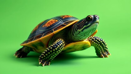 Fototapeta premium Eye Level Close Up of a Multi Colored Turtle Isolated on a Green Screen Background With Detailed Shell and Patterned Skin in Studio Lighting Perfect for Educational Content