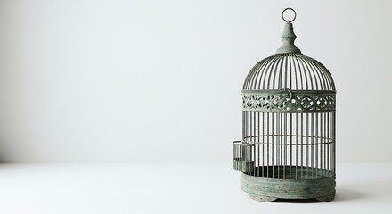 Elegant antique birdcage sits subtly lit against a stark white background.. AI Generated