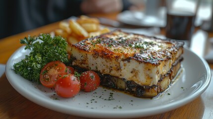 Layered baked dish with fries, tomatoes and parsley on white plate