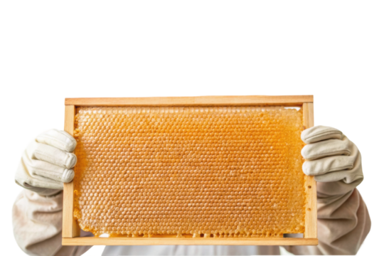 PNG Beekeeper displaying fresh honeycomb frame with honey