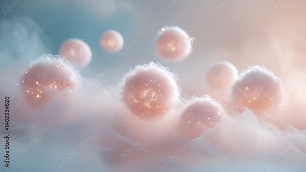 Poster abstract ethereal illustration of soft glowing orbs surrounded by dreamy clouds creating a celestial