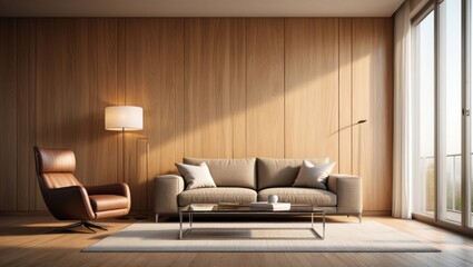 Modern Living Room Interior with Brown Leather Chair, Beige Sofa, and Wooden Wall Panels – 3D Illustration