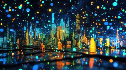 Obraz premium Colorful, futuristic cityscape reflected in a shimmering pool.