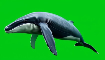 Fototapeta premium Humpback Whale Swimming Isolated by Green Screen Showing Detailed Blue and White Skin