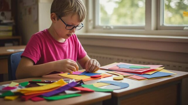 Boy with glasses crafting with colorful paper shapes at a desk near a window in a classroom setting