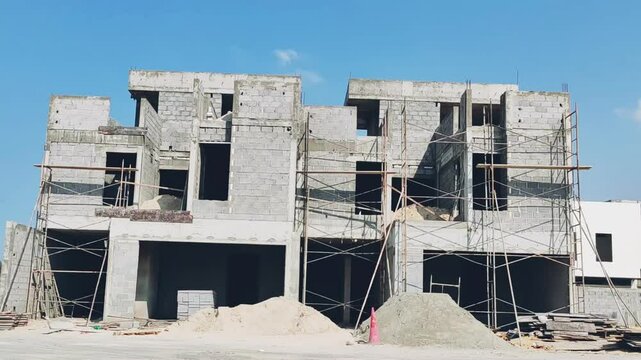 Under Construction House Or Villa's With Concreate Block Or Bricks.
Exterior View Of 02 Story Under Construction House With Modern Design.
In Complete Villa's, Home Or House full Structure for living.