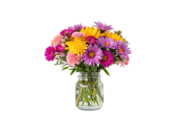 PNG Vibrant bouquet of pink, purple, and yellow flowers in glass jar