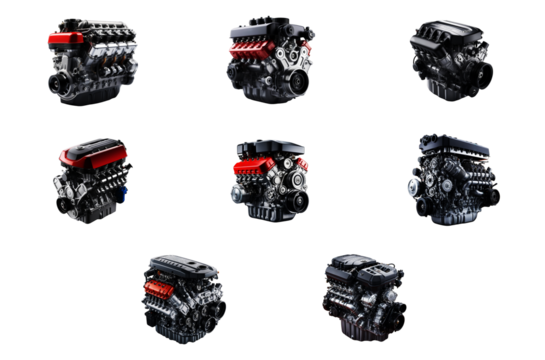 Highly detailed car engines with mechanical parts and metallic shine