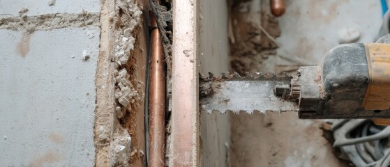 Closeup of a reciprocating saw cutting through wood and exposing copper pipes during home renovation, showcasing plumbing repair and construction work