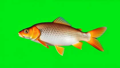 Orange and White Scaled Koi Fish Isolated on Green Screen Background for Compositing