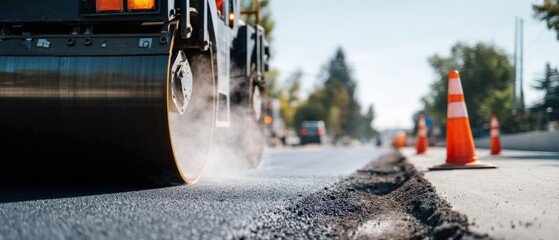 Heavy road roller compacting new asphalt on a sunny day Concept of road construction, infrastructure development, and civil engineering