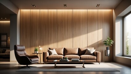 Modern Living Room Interior with Brown Leather Chair, Beige Sofa, and Wooden Wall Panels – 3D Illustration