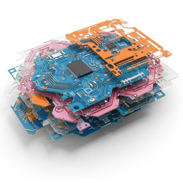 Layered Circuit Board Components in Blue Pink and Orange