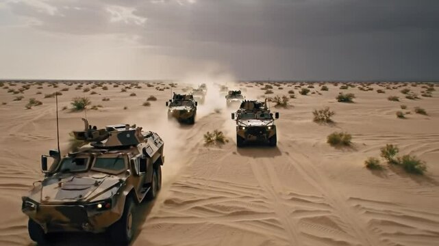 Military vehicles driving in desert landscape under cloudy sky