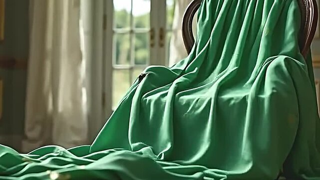 flowing emerald silk draped over an antique chair, intricate patterns woven into the fabric, soft light casting shadows, an atmosphere of luxury and refinement