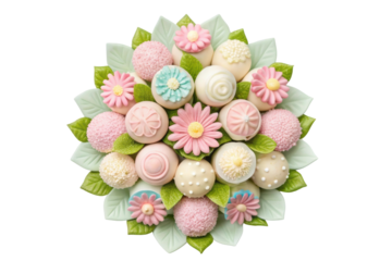 PNG Colorful floral and confectionery arrangement with pink and white sweets on leaf base