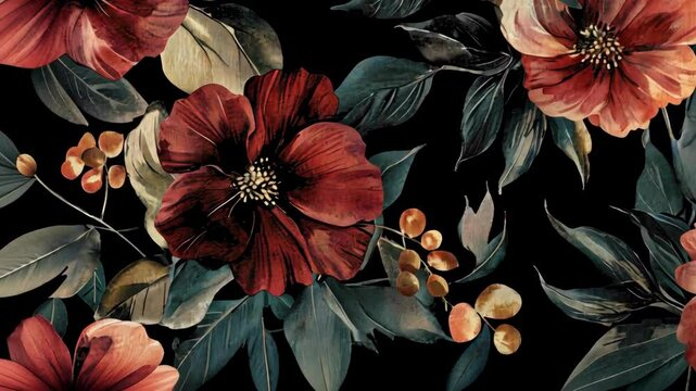 Floral pattern featuring large red flowers and dark green leaves on black background illustration