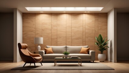 Modern Living Room Interior with Brown Leather Chair, Beige Sofa, and Wooden Wall Panels – 3D Illustration