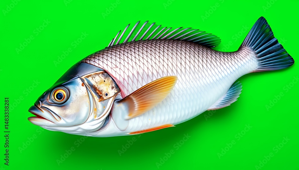 Poster white fish with speckled pattern isolated on green screen background for digital compositing and ver