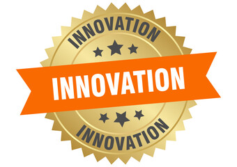 innovation. innovation round orange and gold label isolated on transparent background
