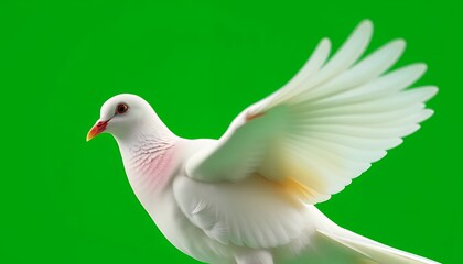 Fototapeta premium White Dove Flapping Wings Isolated on Green Screen Background Symbolizing Peace and Hope in Seamless Integration Perfect for Decoration