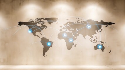 World map on a technological background, glowing lines symbols of the Internet, world map newtwork.
