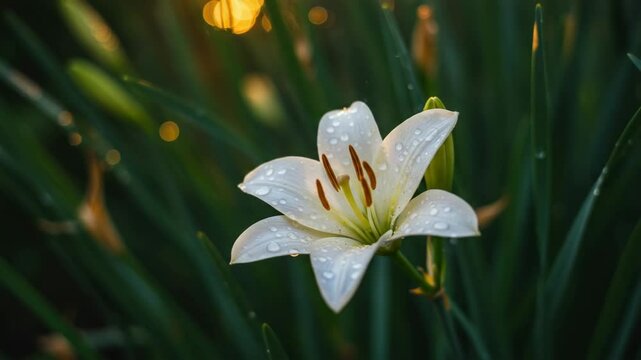 Close up of a white lily flower with water droplets in a garden setting with green foliage around it