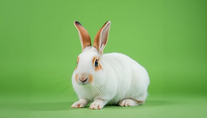 Obraz premium Adorable White Rabbit with Brown Spots Isolated on Green Screen Background