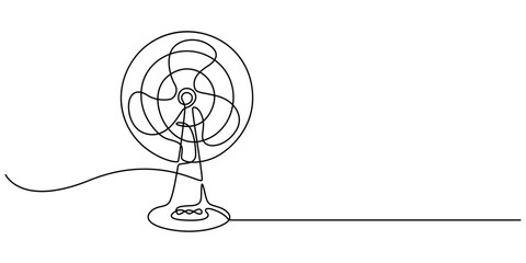 Electric fan in continuous one line drawing. Single line art draw of fan. Editable vector, Minimalist table fan line drawing on white background,continuous line of electric blow one line aer drawing. 