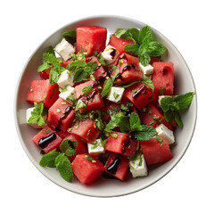 Fresh summer watermelon feta salad with mint and balsamic dressing isolated white background