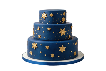 PNG Three-tier blue cake adorned with gold stars and dots on white background