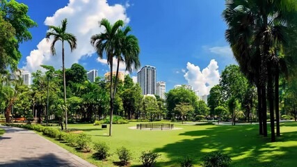 lush green park with palm trees and distant city skyline under a sunny blue sky in the daytime