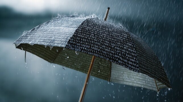 Umbrella Under Rain with Binary Code Illustration in Stormy Weather